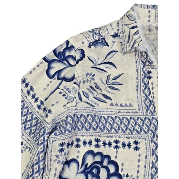H by Halston Women’s Small Linen Blue White Floral Blouse - Picture 6 of 9